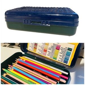 1990s Vintage Spacemaker Pencil Box with Colored Pencils Dark Green & Navy Blue